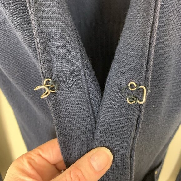 Cache Womens M Cardigan Sweater Navy Blue Gold Chain Nautical Quiet Luxury Knit - Picture 15 of 16